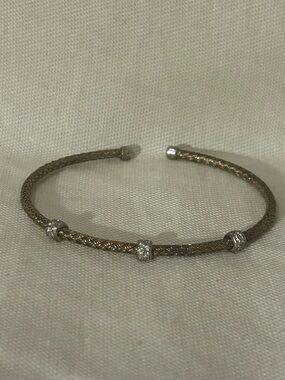 Signed Italy Sterling Silver 925 Basket Weave Gold Tone Diamond Cuff Bracelet